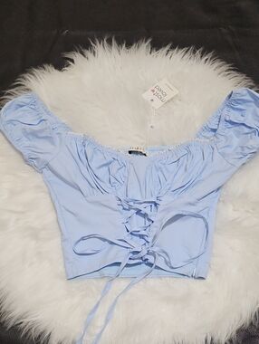 Celleci  Light Blue Off-Shoulder Lace-down Crop Top